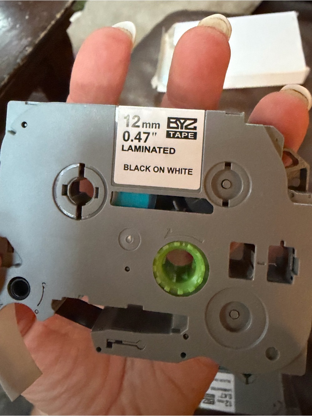 BYZ Tape 12mm Laminated Label Cartridge - Gray with Green Spool